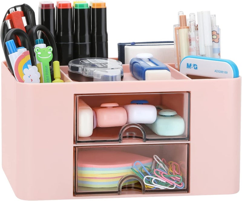 LETURE Desk Organizer with 2 Drawer, Plastic Desktop Pen Pencil Card Holder Storage Box for Desk, Office Supplies, Vanity Table Office School Home (Pink) - Image 1
